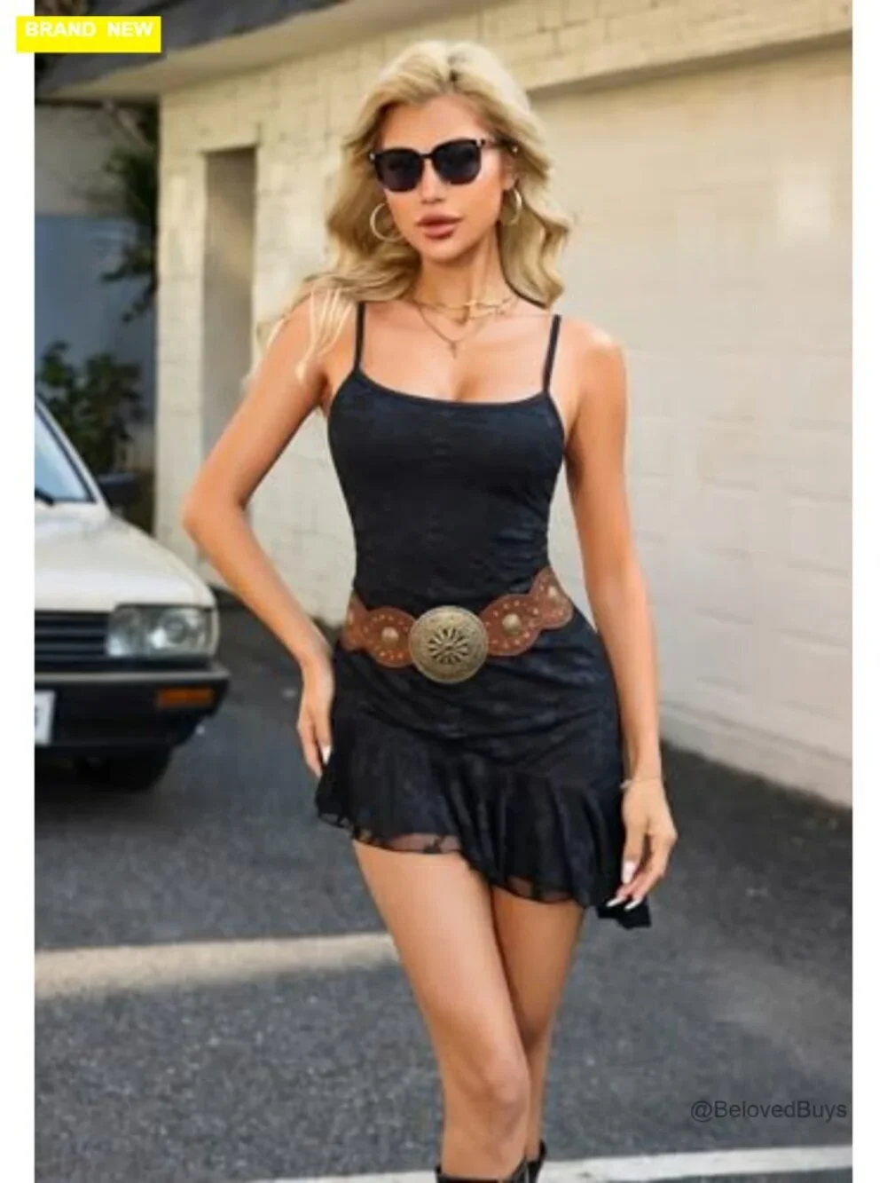 Sexy Bodycon Spaghetti Strap Mini Dress Asymmetrical Lace Ruffle Hem